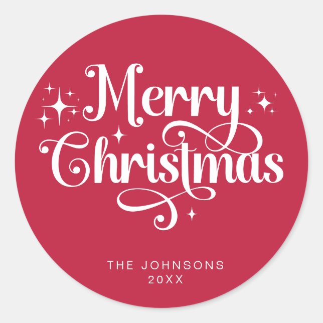Elegant Red Retro Merry Christmas Script Custom Classic Round Sticker (Front)