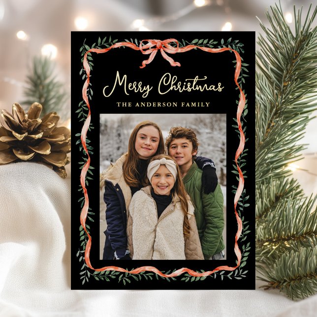 Elegant Red Ribbon and Greenery Black 2 Photo (Creator Uploaded)