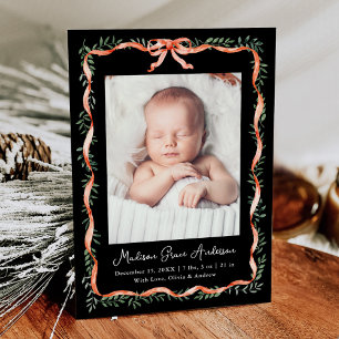 Elegant Red Ribbon and Greenery Black Photo Birth Announcement