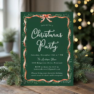 Elegant Red Ribbon and Greenery Christmas Party Invitation