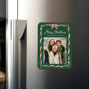 Elegant Red Ribbon and Greenery Christmas Photo Magnet