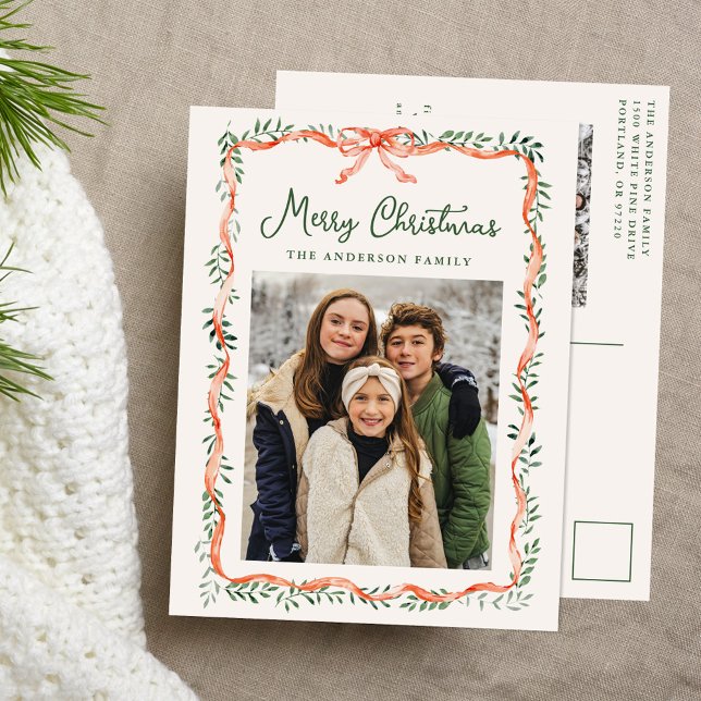 Elegant Red Ribbon and Greenery Cream 2 Photo Holiday Postcard (Creator Uploaded)