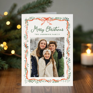 Elegant Red Ribbon and Greenery Cream Photo Holiday Card