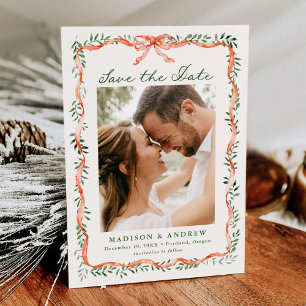 Elegant Red Ribbon and Greenery Holiday Photo Save The Date