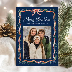 Elegant Red Ribbon and Greenery Navy 2 Photo Holiday Card