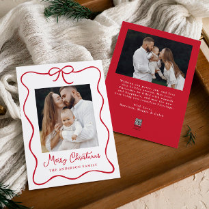 Elegant Red Ribbon Bow 2 Photo Holiday Card