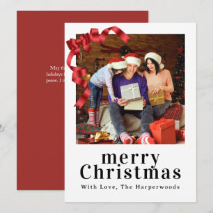 Elegant Red Ribbon Bow Merry Christmas Photo Holiday Card