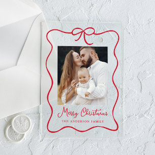 Elegant Red Ribbon Bow Photo Acrylic Holiday Card Acrylic Invitations