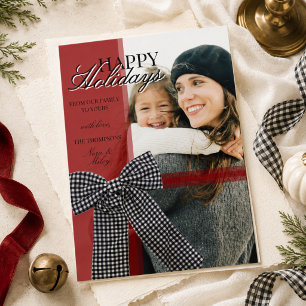 Elegant Red Ribbon Family Photo Christmas Holiday Card