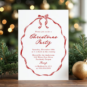 Elegant Red Ribbon Frame Christmas Party Invitation