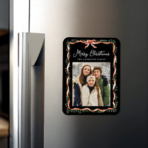 Elegant Red Ribbon Greenery Black Christmas Photo Magnet