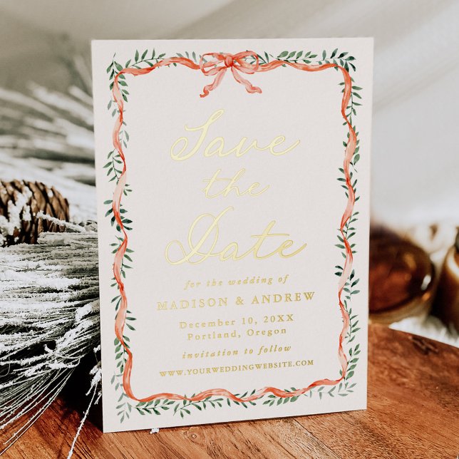 Elegant Red Ribbon Greenery Cream Save the Date (Creator Uploaded)