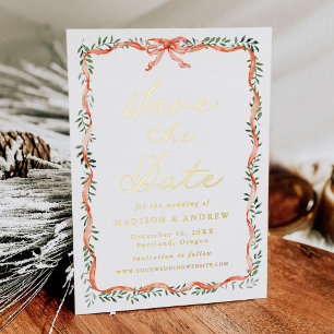 Elegant Red Ribbon Greenery Holiday Save the Date