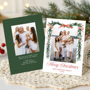 Elegant Red Ribbon Greenery Merry Christmas Photo Holiday Card