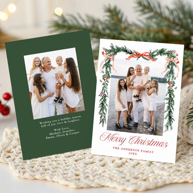Elegant Red Ribbon Greenery Merry Christmas Photo Holiday Card (Creator Uploaded)