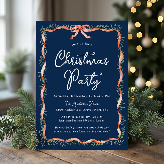 Elegant Red Ribbon Greenery Navy Christmas Party Invitation (Creator Uploaded)