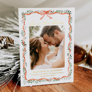 Elegant Red Ribbon Greenery Photo Save the Date