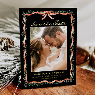 Elegant Red Ribbon Greenery Photo Save the Date