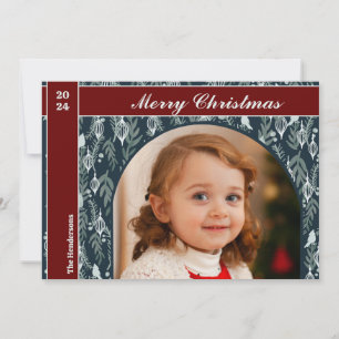 Elegant Red Ribbon Modern One Photo Christmas Holiday Card
