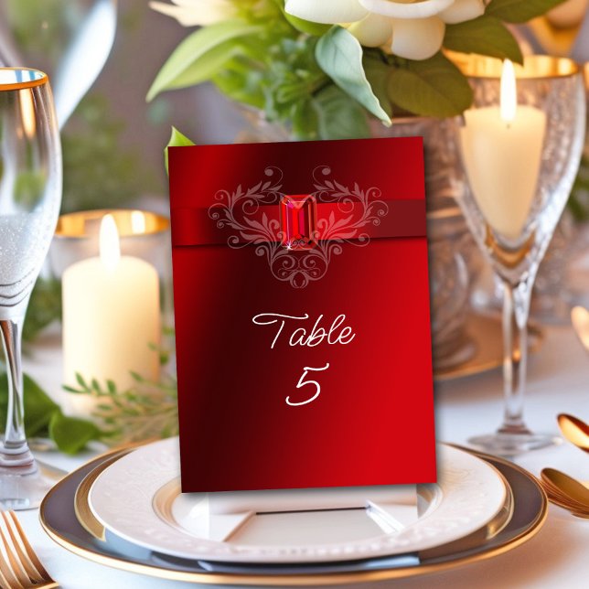 Elegant Red Ribbon Ruby Wedding Christmas Table Number (Creator Uploaded)