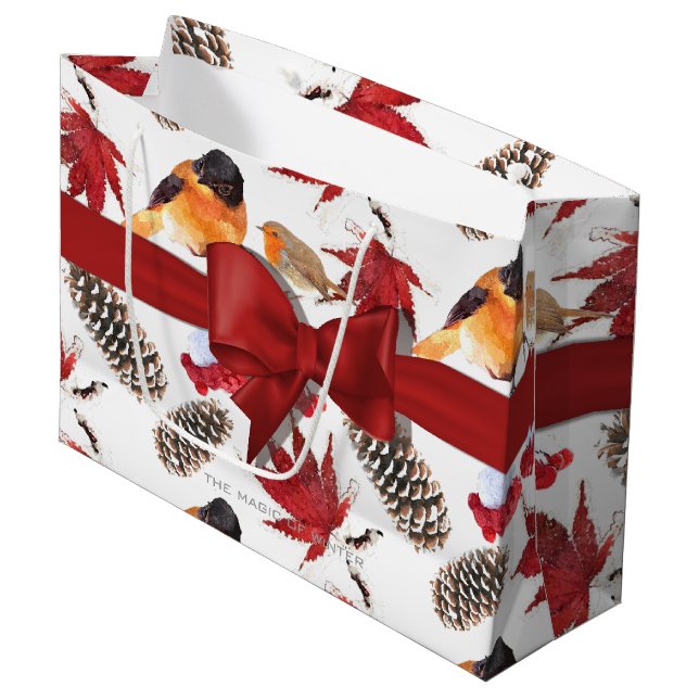 Elegant Red Ribbon Watercolor Winter Pattern Large Gift Bag (Front Angled)