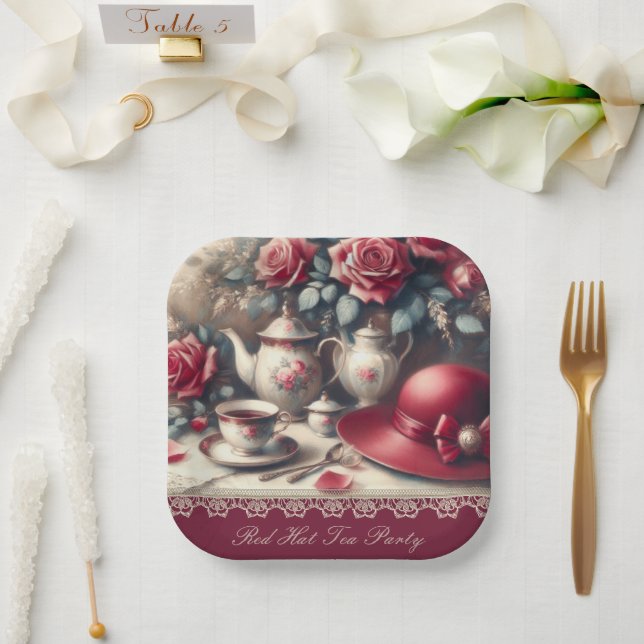 Elegant Red Roise Tea Party Paper Plate (Wedding)