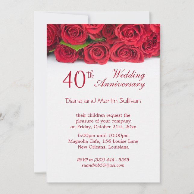 Elegant red rose 40th Wedding Anniversary Invitation (Front)