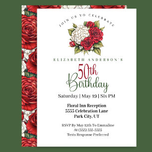 Elegant Red Rose 50th Birthday Invitation