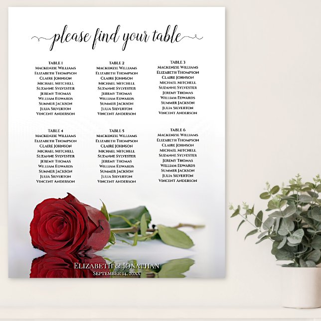 Elegant Red Rose 6 Table Wedding Seating Chart (In Situ on Wall)