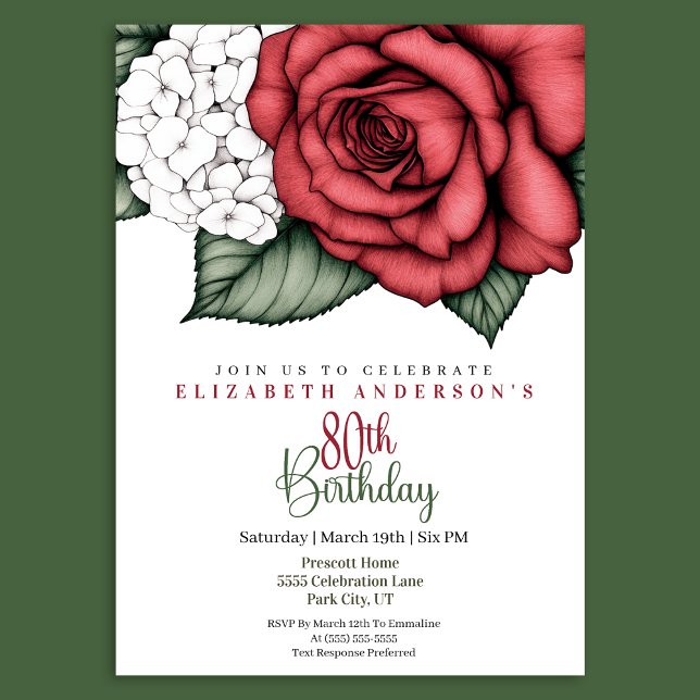 Elegant Red Rose 80th Birthday Invitation (Creator Uploaded)