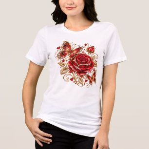Elegant Red Rose and Butterfly Floral T-Shirt Tri-Blend Shirt