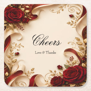 Elegant Red Rose and Gold Leaf Personalised  Square Paper Coaster