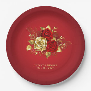 Elegant Red Rose And Gold Theme Wedding  Paper Plate