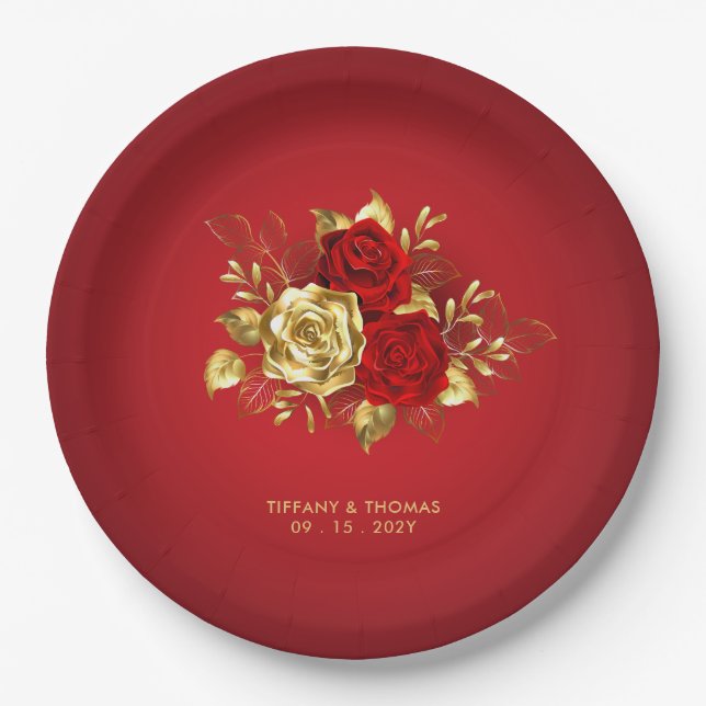 Elegant Red Rose And Gold Theme Wedding  Paper Plate (Front)