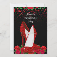 Elegant Red Rose and High Heels Black Birthday inv