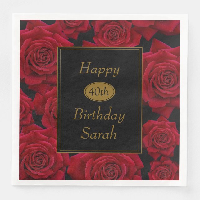 Elegant Red Rose Any Age Birthday Party Napkin (Front)