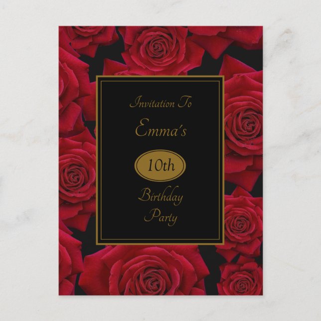 Elegant Red Rose Birthday Party Invitation Postcard (Front)