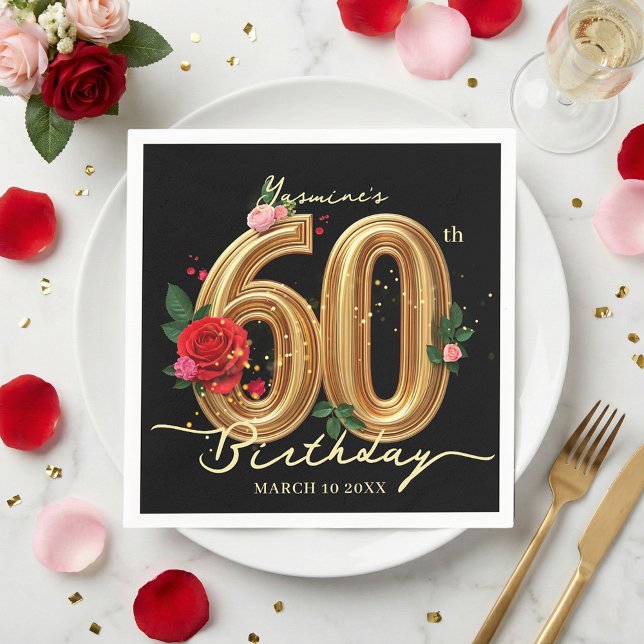 Elegant Red Rose Black and Gold 60th Birthday Napkin (Creator Uploaded)