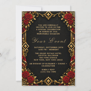 Elegant Red Rose Black Gold Invitation
