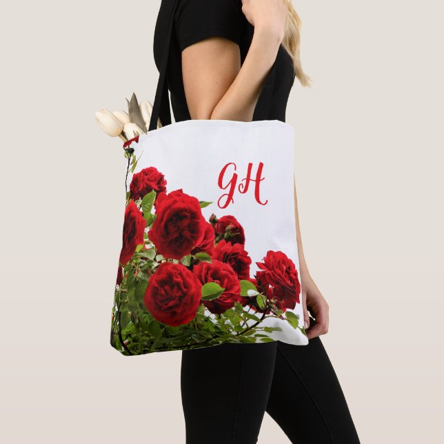 Elegant Red Rose Bouquet Monogram Tote Bag (Close Up)