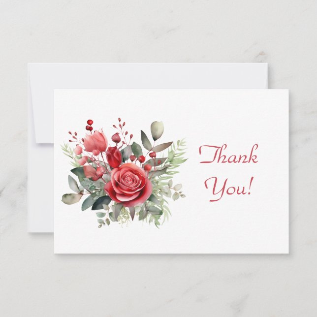 Elegant Red Rose Bouquet Thank You Flat  Card (Front)