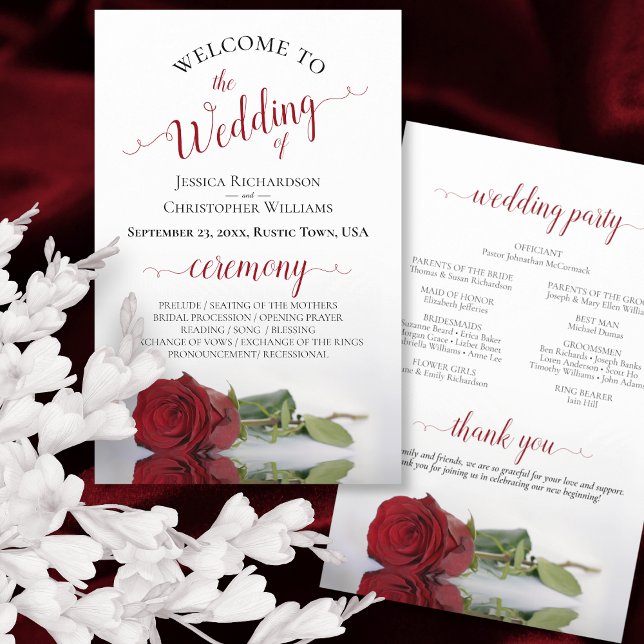 Elegant Red Rose Budget Wedding Program (Front and Back)
