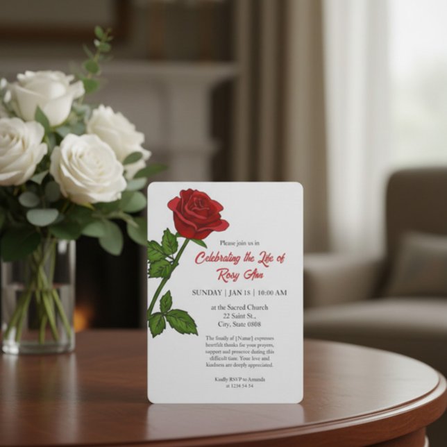 Elegant Red Rose "Celebrating the Life" Funeral  Invitation (Creator Uploaded)