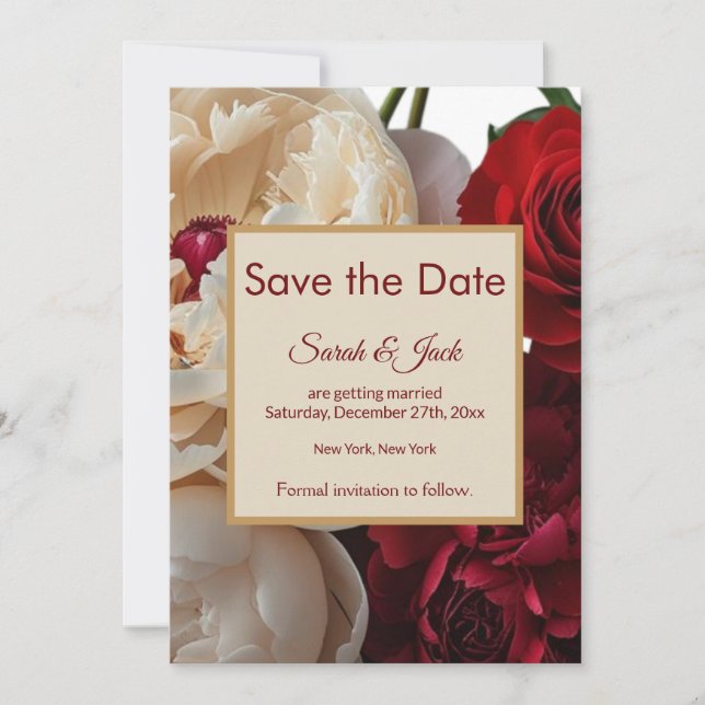 Elegant Red Rose & Cream Peony Save The Date (Front)