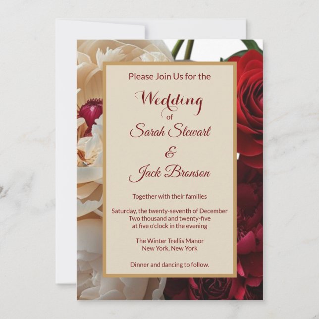 Elegant Red Rose & Cream Peony Wedding Invitation (Front)