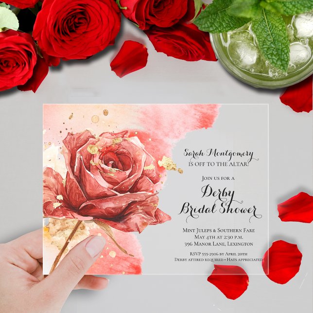 Elegant Red Rose Derby Bridal Shower Acrylic Invitations (Elegant watercolor red rose Derby-themed bridal shower clear acrylic invitations)
