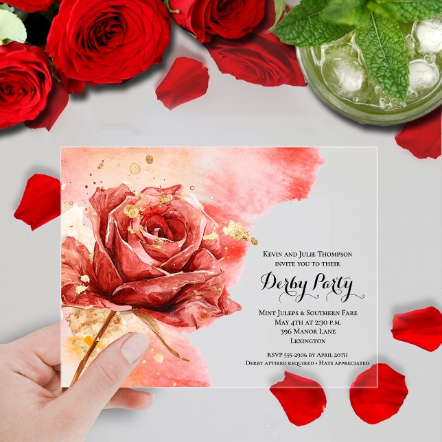 Elegant Red Rose Derby Party Acrylic Invitations (Elegant red rose Derby day clear acrylic party invitations)