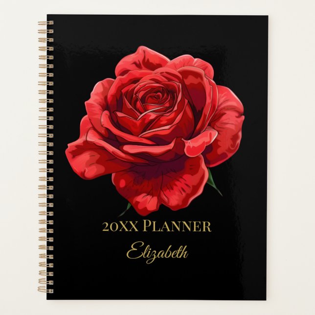 Elegant Red Rose Design Custom Golden Text Accent Planner (Front)