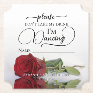Elegant Red Rose Don't Take My Drink Name Wedding Paper Coaster