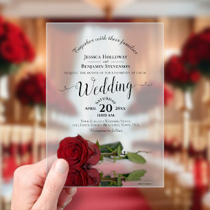 Elegant Red Rose Fancy Calligraphy Wedding Acrylic Invitations